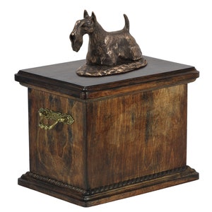 Scottish Terrier Urn for Dog Ashes, Memorial with Statue on Top, Wooden Urn
