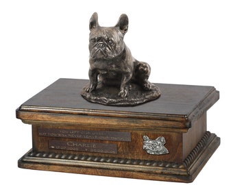French Bulldog Sitting Urn for Dog Ashes, Urn with Name, Dates and Quote, Memorial with Statue on Top, Lower Model of Wooden Urn