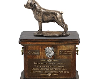 Rottweiler Urn voor de as van de hond, Urn met naam, dateert en citeer: Memorial met standbeeld op bovenkant, houten Urn