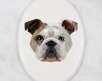 English Bulldog Tombstone Plaque con gráficos, placa de cerámica con perro geométrico, placa conmemorativa