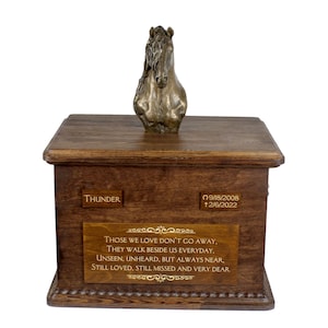 Friesian horse Big Urn for Horse Ashes, Urn with Name, Dates and Quote, Memorial with Statue on Top, Wooden Urn, Customizable Urn for horse