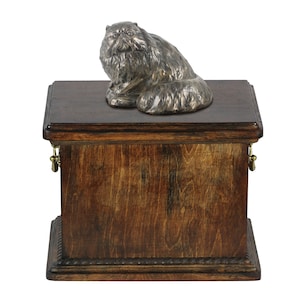 Persian Cat Urn for Cat Ashes, Memorial with Statue on Top, Wooden Urn
