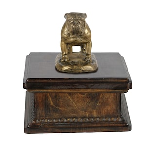 English Bulldog Urn for Dog Ashes, Memorial with Statue on Top, Lower Wooden Urn