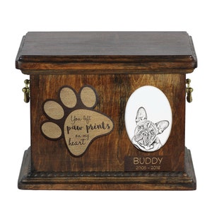 Französische Bulldogge Urne für Hund Asche, personalisierte Memorial mit einem Foto auf einer Keramik-Plakette, Haustier Name und Zitat