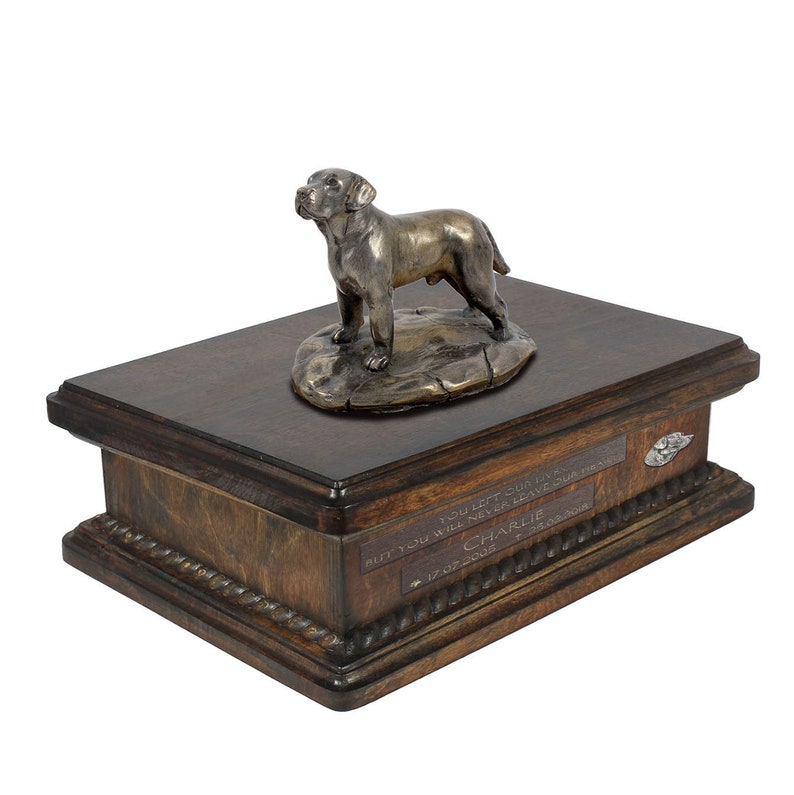Urn with Name Labrador Retriever Urn for Dog Ashes Memorial with Statue on Top Dates and Quote Lower Model of Wooden Urn