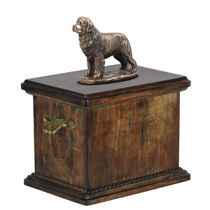 Newfoundland Urn for Dog Ashes, Memorial with Statue on Top, Wooden Urn