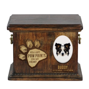 Urna Border Collie para cinzas de cachorro, memorial personalizado com gráficos geométricos em placa de cerâmica, nome do animal de estimação e citação