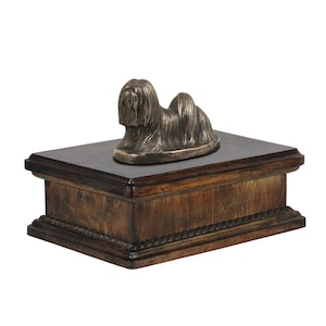 Lhasa Apso Urn for Dog Ashes, Memorial with Statue on Top, Lower Wooden Urn