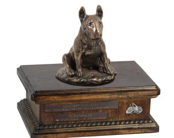 Bull Terrier Sitting Urn for Dog Ashes, Urn with Name, Dates and Quote, Memorial with Statue on Top, Lower Model of Wooden Urn