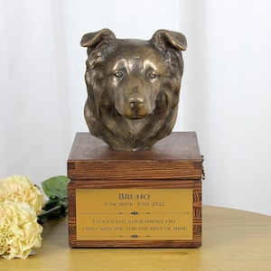 Urna Border Collie para cinzas de cachorro, Urna com gravura e escultura de cachorro, Urna com estátua de cachorro e gravura, Urna personalizada para cachorro