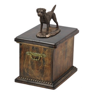 Border Terrier Urn for Dog Ashes, Memorial with Statue on Top, Wooden Urn