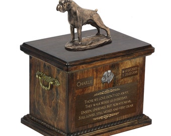 Boxer uncropped Urn for Dog Ashes, Urn with Name, Dates and Quote, Memorial with Statue on Top, Wooden Urn
