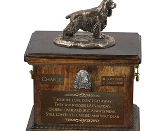 English Cocker Spaniel Urn for Dog Ashes, Urn with Name, Dates and Quote, Memorial with Statue on Top, Wooden Urn