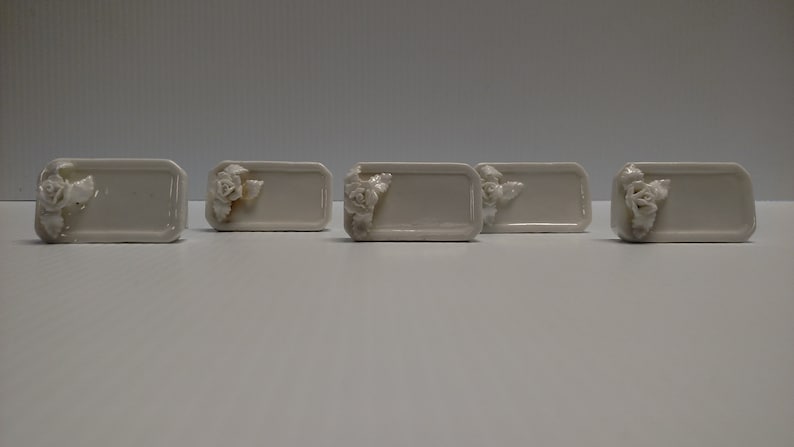 Set of 5 Shafford Design Bone China OCTAGON PLACE CARD Stands White Roses Design