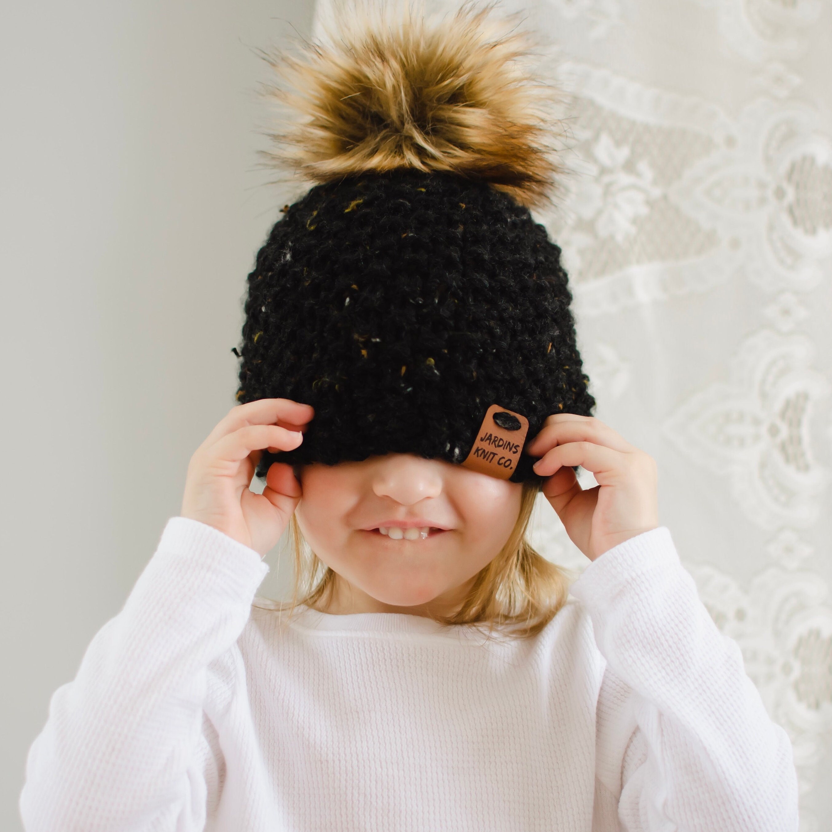 New handmade Mommy and Me Beanie hat set ivory black size adult/ 2t wool blend Mommy & Me Pompom Beanies - Meadow Ivy main image 3