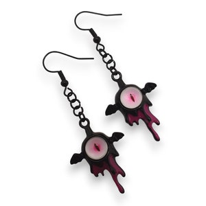 Black Monster Devil Angel Pink Eye Earrings, Halloween Dangle Earrings Design, Handcrafted Monster Lover Gift idea, Cute whimsical Jewelry
