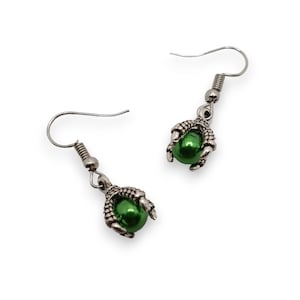 Dragon Claw & Pearl Balls Earring, Handcraft Halloween Dragon Claw Dangling Earrings Design, Silver Creature Earrings, Gothic Dragon Lover