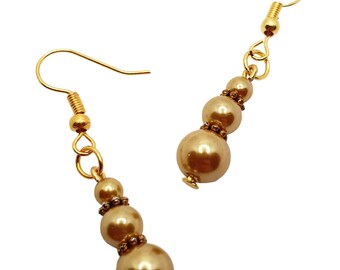 Classic Bright Gold Color Pearl Glass Beads Earrings, Pearl Dangling Gold Hook Earrings, Handcraft Elegant Pearl Earrings Jewelry Design