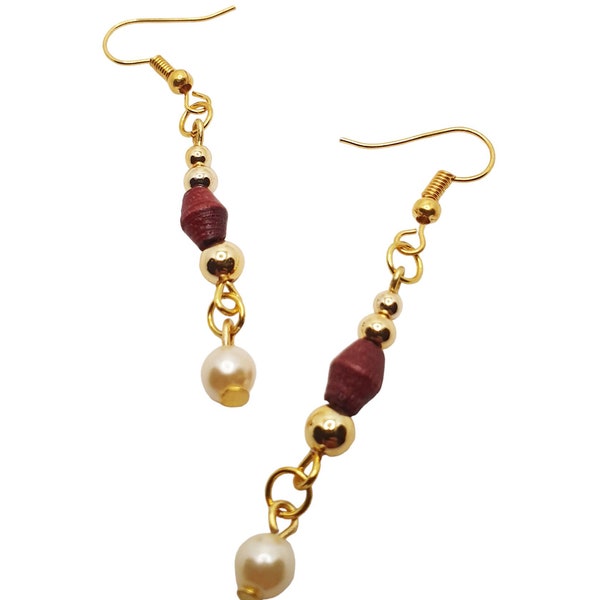 Simple White Pearl Brown Wood Gold Beads Earrings, Elegant Vintage Dangling Hook Earring Jewelry Handcraft Beads Everyday Wear long Earrings