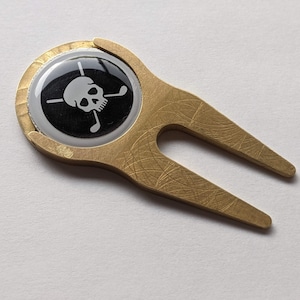 Solid brass US made Divot Tool with Magnetic Golf Skull Ball Marker