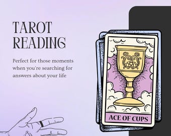 May include: Tarot card reading illustration with a hand with an eye and a teardrop. The card is the Ace of Cups, featuring a golden chalice with a floral design on a purple background.