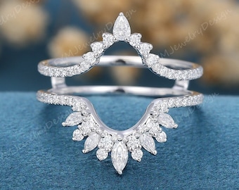 Moissanite Enhancer Double Curved Wedding Band Unique 14K White Gold Stacking Matching Diamond Ring For Marriage Vintage Bridal Promise Ring