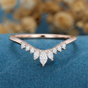 Unique Curved wedding band women rose gold Marquise shaped diamond band vintage Stacking ring Matching band Promise Anniversary gift for her
