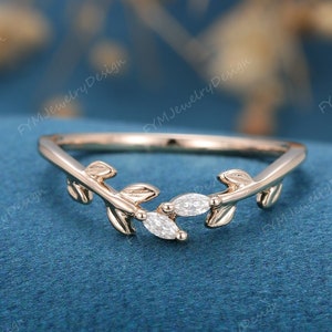 Unique rose Gold wedding band Open wedding band Art deco marquise Moissanite / diamond leaf Wedding ring Vintage promise Anniversary gift