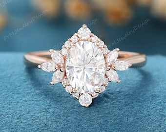 Unique oval moissanite engagement ring Solid 14k rose gold unique art deco propose ring Vintage marquise diamond bridal promise Gift for her