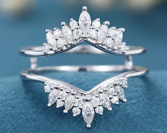 Marquise cut moissanite curved wedding band 14K white gold unique diamond enhancer double ring Stacking matching bridal ring Promise gifts