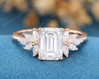 Unique emerald cut moissanite engagement ring for women Vintage rose gold cluster marquise diamond propose ring Bridal wedding gifts for her