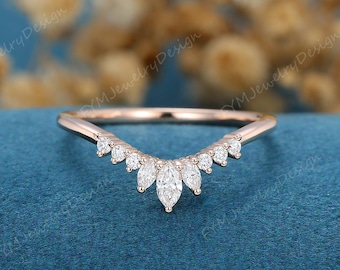 Unique Curved wedding band women rose gold Marquise shaped diamond band vintage Stacking ring Matching band Promise Anniversary gift for her