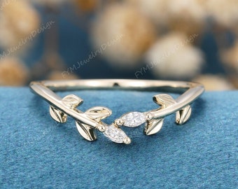 Unique yellow Gold wedding band Open wedding band Art deco marquise Moissanite / diamond leaf Wedding ring Vintage promise Anniversary gift