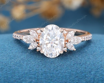 Oval Moissanite Engagement Ring For Women Vintage 14K Rose Gold Floral Cluster Half Eternity Bridal Promise Ring Anniversary Gifts For Her