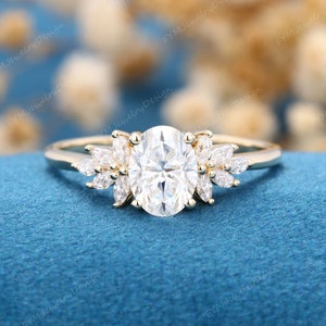 Unique Oval cut Moissanite engagement ring vintage Yellow gold cluster engagement ring women marquise Diamond wedding Bridal Promise gift