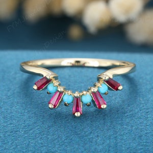 Yellow gold turquoise curved wedding band Vintage cluster baguette cut ruby stacking matching bridal promise ring Anniversary gift for women