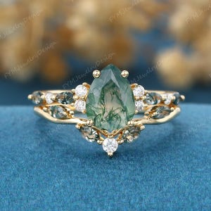 Pear Moss Agate Engagement Ring Set Vintage Yellow Gold Cluster Marquise Moissanite Bridal Set Stack Curved Wedding Band Anniversary gifts