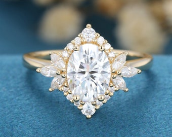 Unique Oval Cut Moissanite Engagement Ring For Women Delicate 10K/14K Yellow Gold Cluster Halo Bridal Promise Ring Anniversary gifts for her
