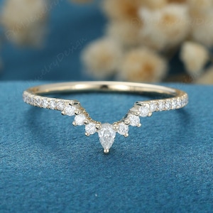 14K Yellow Gold Pear Moissanite Curved Wedding Band Vintage Enhancer Stacking Ring Bridal Matching Promise Ring Anniversary Gifts For Women