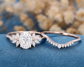 2PCS Oval cut Moissanite engagement ring set vintage rose gold marquise cluster moissanite engagement ring Diamond wedding Promise gift