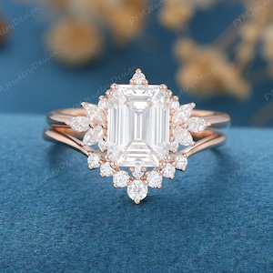 Emerald Cut Moissanite Engagement Ring Set Unique Solid 14K Rose Gold Half Eternity Bridal Promise Ring Vintage Stacking Curved Wedding Band
