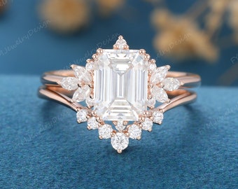 Emerald Cut Moissanite Engagement Ring Set Unique Solid 14K Rose Gold Half Eternity Bridal Promise Ring Vintage Stacking Curved Wedding Band