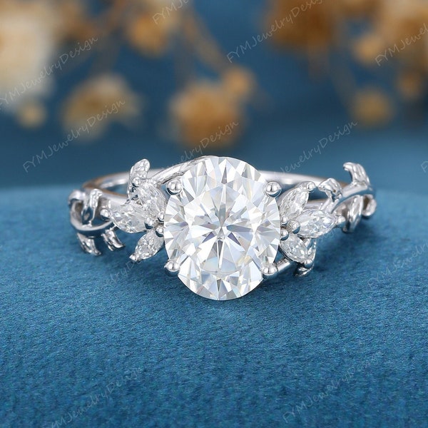 Vintage Oval Cut Moissanite Engagement Ring White gold  leaf vine marquise cut Diamond | Moissanite ring unique bridal wedding ring for her