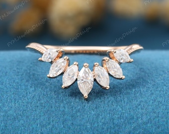 Marquise moissanite curved wedding band Vintage rose gold unique stacking wedding band Matching Bridal Promise ring Anniversary gift for her