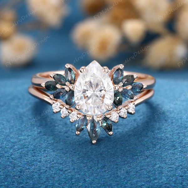 Pear cut moissanite engagement ring set vintage rose gold marquise Cluster Blue Green sapphire unique curve matching Wedding Promise gift