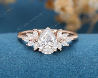 Unique Moissanite engagement ring women vintage Pear shaped rose gold ring marquise Diamond Cluster wedding Bridal Promise gift for women