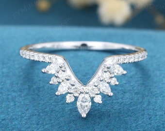 Cluster moissanite chevron wedding band women Solid 14k white gold marquise cut diamond stacking curved ring Half eternity bridal matck ring