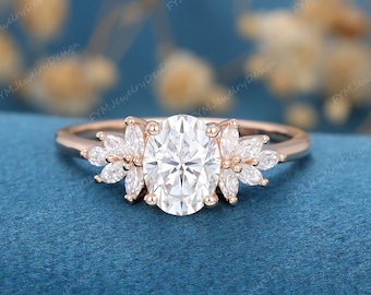 Unique Moissanite engagement ring Oval cut rose gold vintage cluster engagement ring marquise Diamond wedding Bridal Promise gift for women