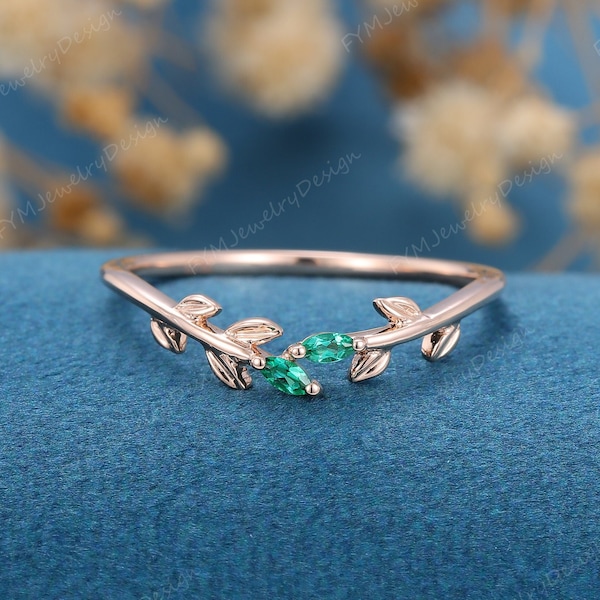 Unique Rose Gold wedding band Open wedding band Art deco marquise emerald leaf Wedding ring Vintage promise Anniversary gift for women