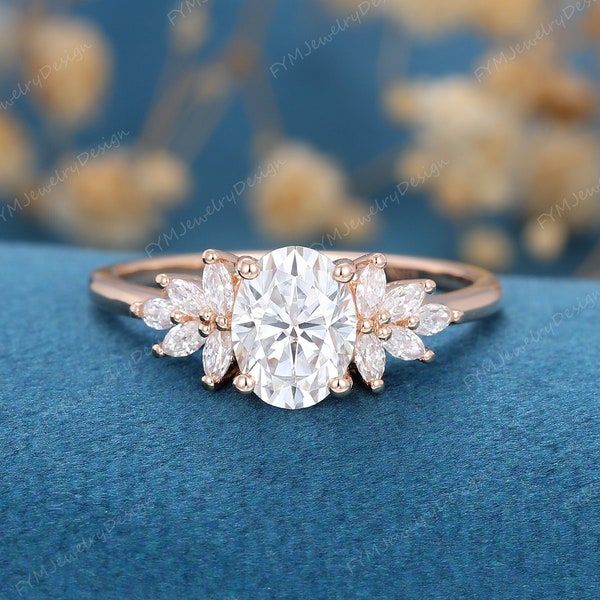 Unique Moissanite engagement ring Oval cut rose gold vintage cluster engagement ring marquise Diamond wedding Bridal Promise gift for women